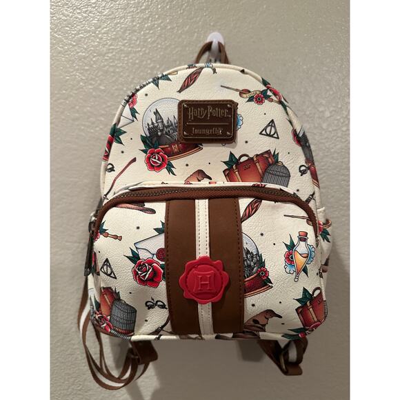 NWOT Loungefly Harry Potter Tattoo Art Hogwarts Cream Brown Color Mini Backpack - Picture 2 of 8
